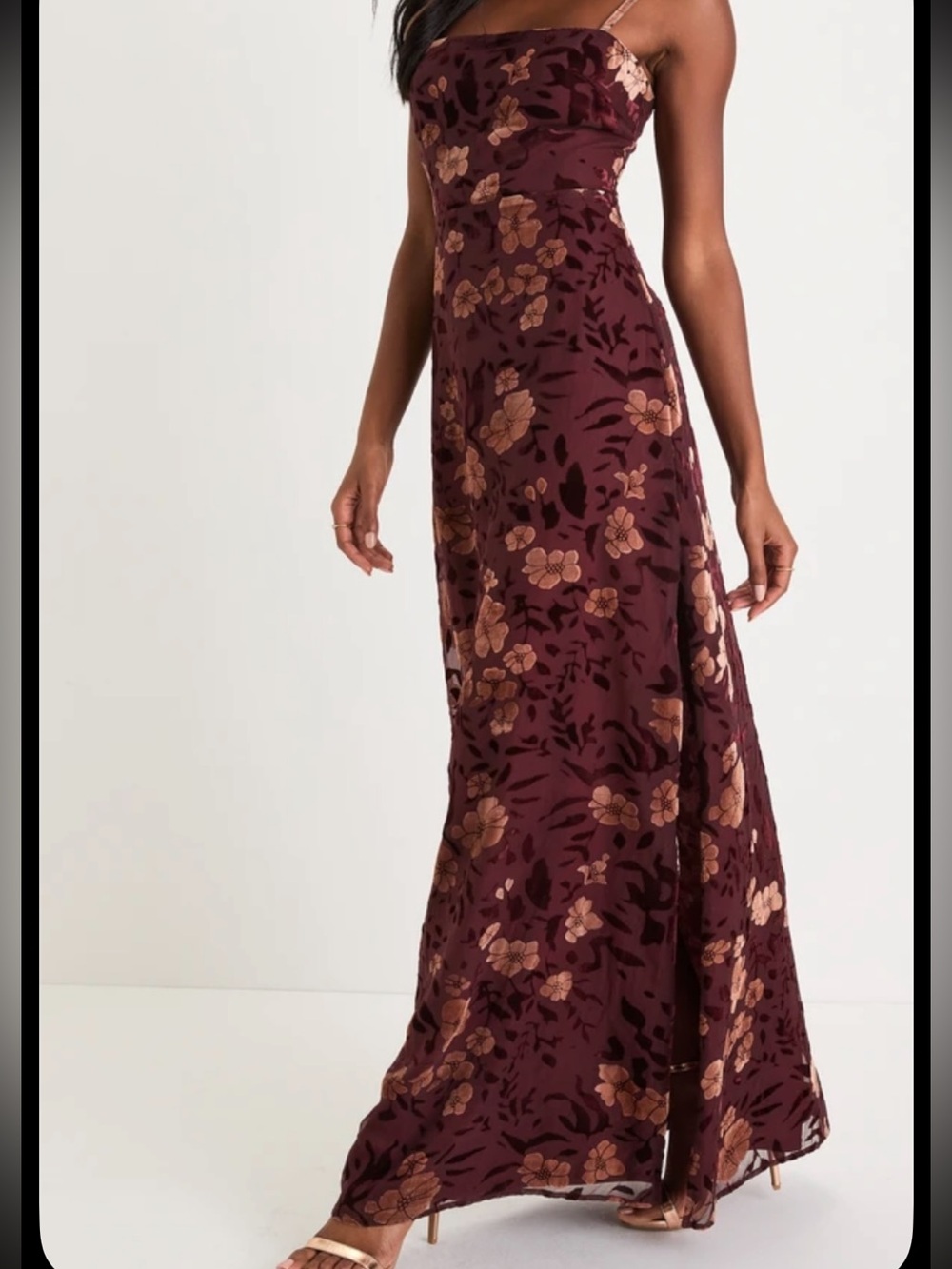 Lulus Effortless Celebration Burgundy Floral Burnout Velvet Maxi Dress